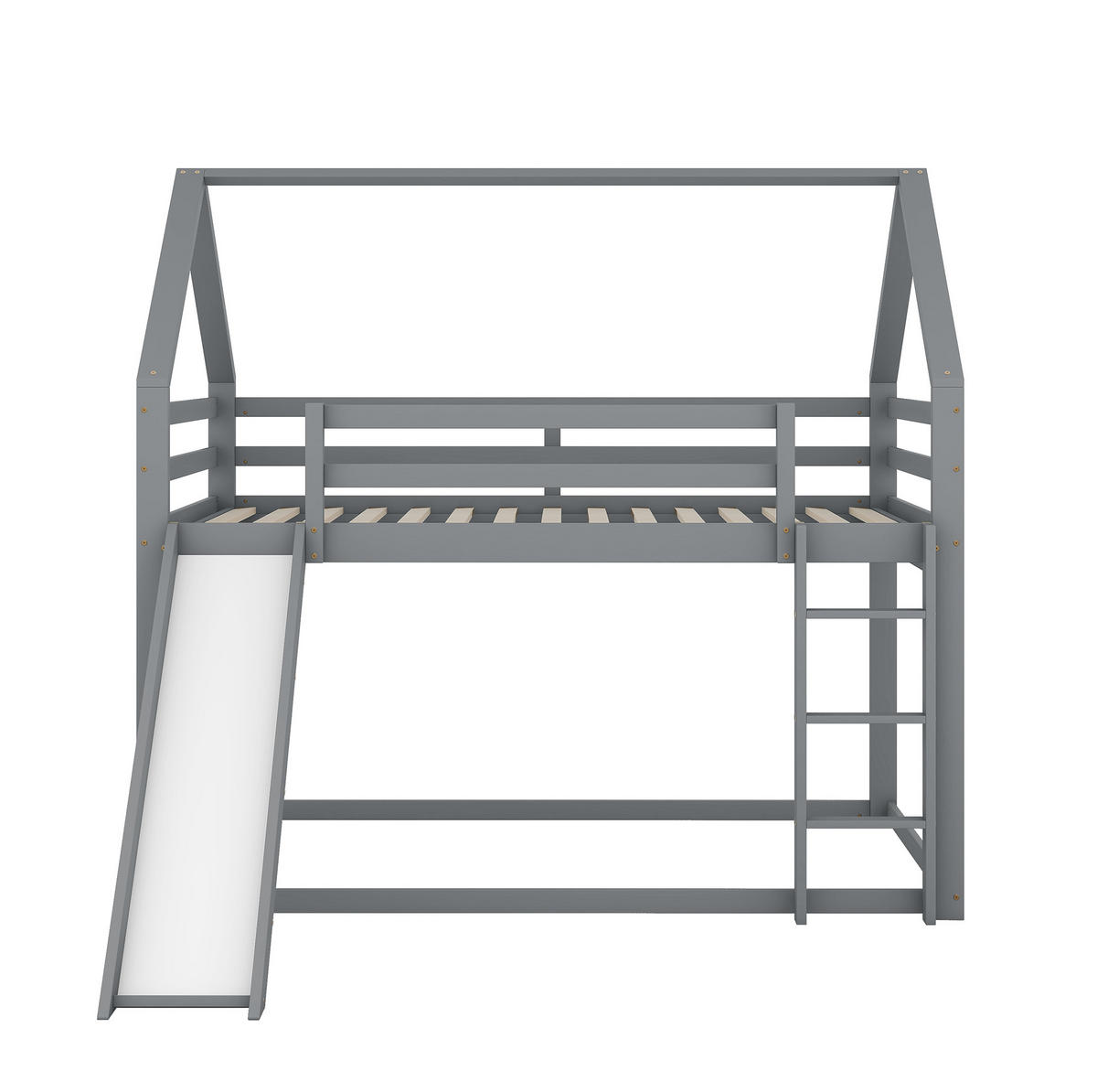 ETAGENBETT aus Kiefer und MDF 140x200 cm Grau mit Rutsche, Leiter und Hausform - Grau, Holzwerkstoff (140/200cm) - Modfu