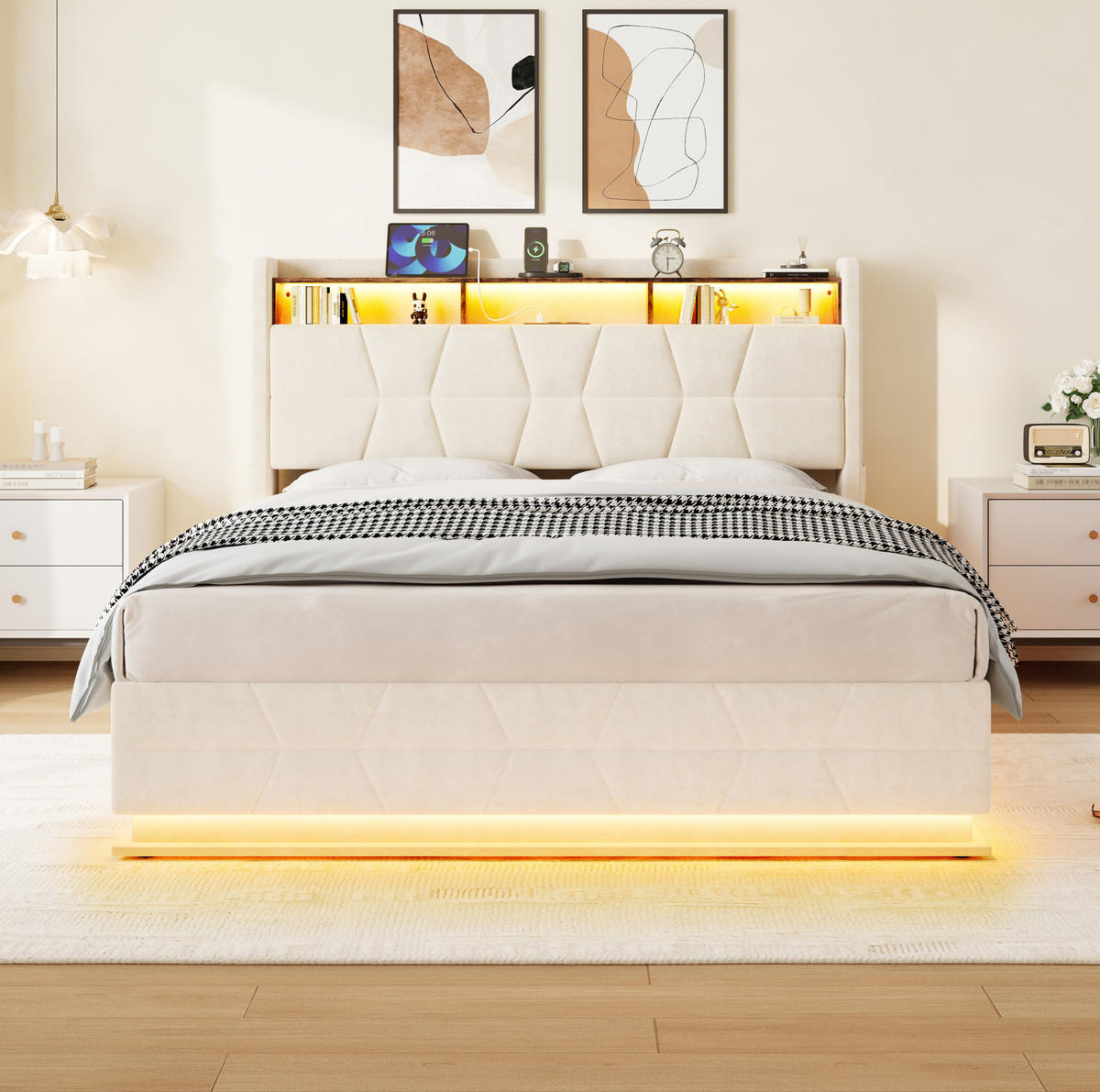POLNJENA postelja iz žameta 140x200 cm bež z LED osvetlitvijo, odprtimi policami in USB/Type-C priključkom - bež, tekstil (140/200cm) - Modfu