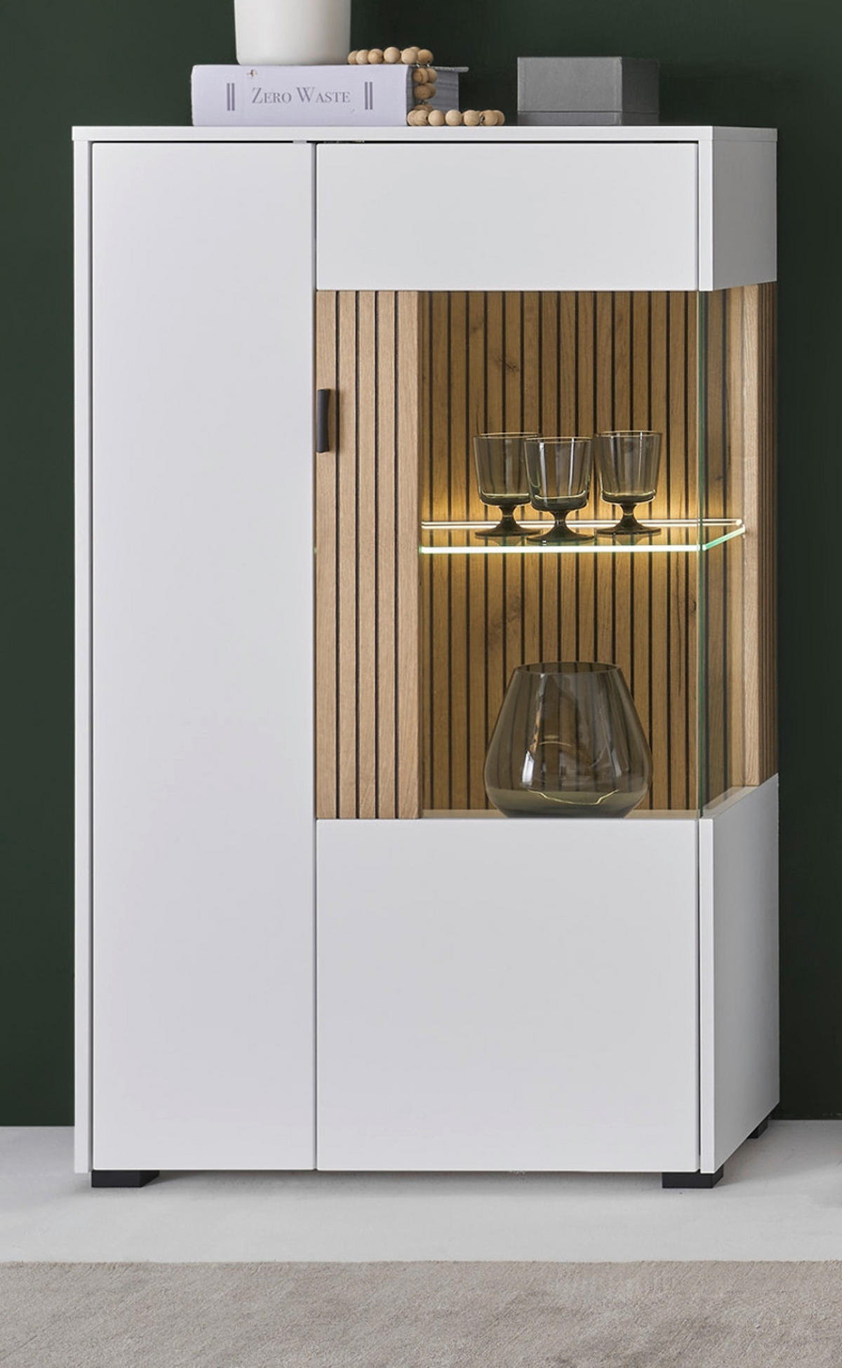 VITRINE weiß matt, Eiche 75 x 125 cm, Highboard mit Soft-Close-Funktion - Eichefarben/Schwarz, Glas/Holzwerkstoff (75/125/38cm)