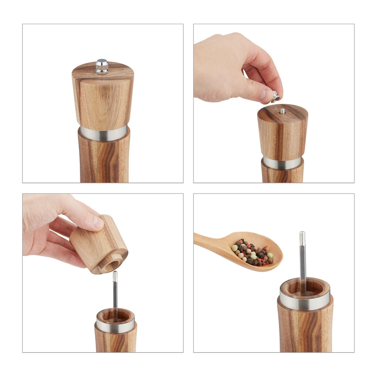 4-tlg.GEWÜRZMÜHLEN-SET - Braun, Holz/Keramik (15/22/7cm) - Relaxdays