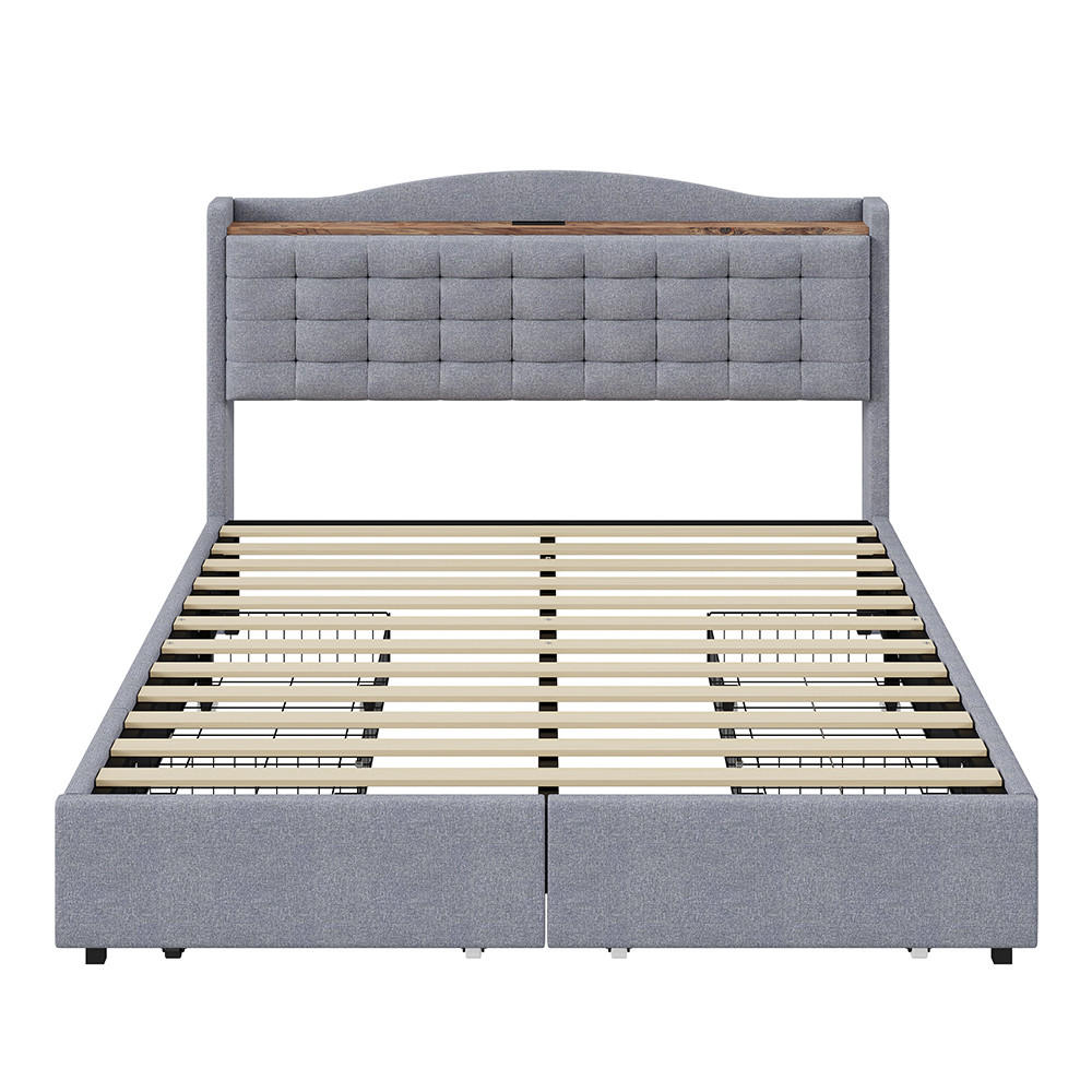 POLSTERBETT 140/200 cm in Grau Leinen mit USB-Ladeanschluss - Grau, Holz/Textil (140/200cm) - KOMHTOM
