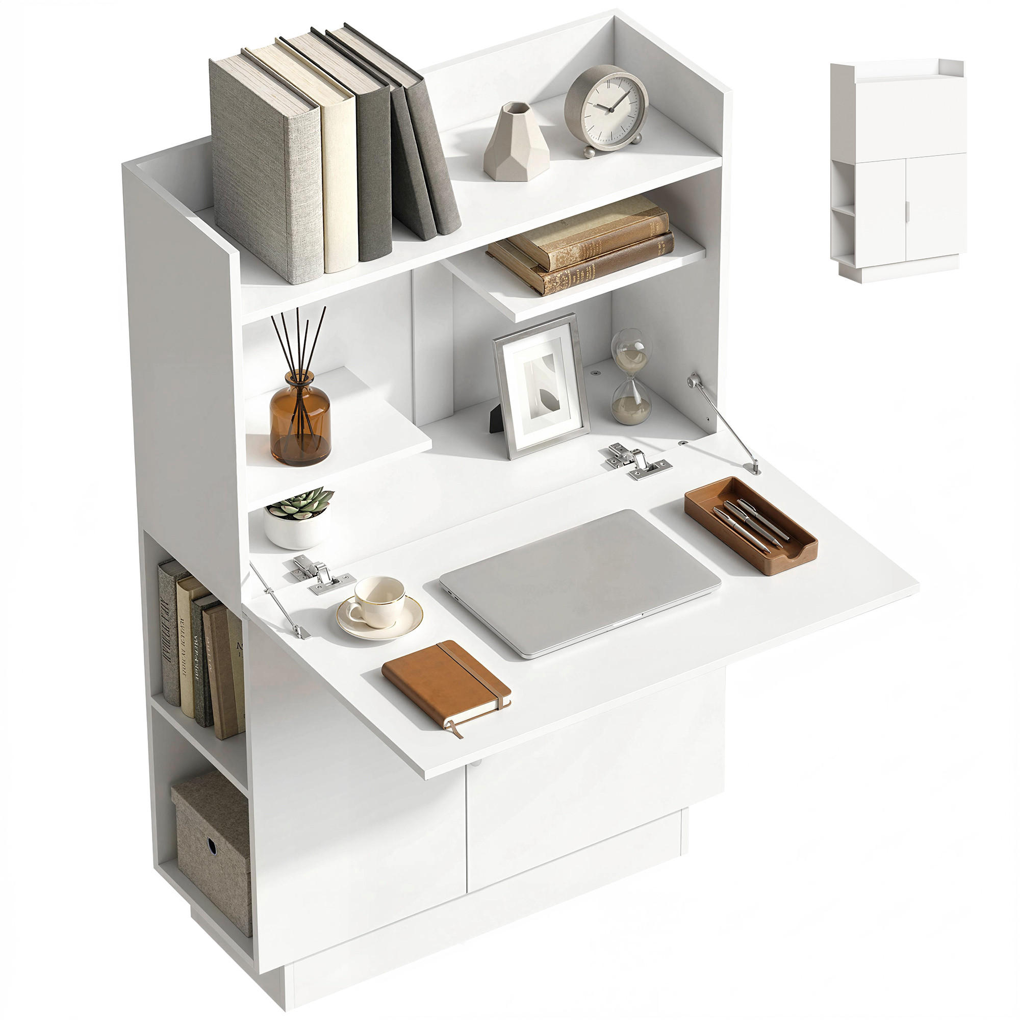 SCHREIBTISCH DE-14958 klappbar mit Schrank & Regalen Weiß - Weiß, Holzwerkstoff (80/30/128cm) - ComfortXL