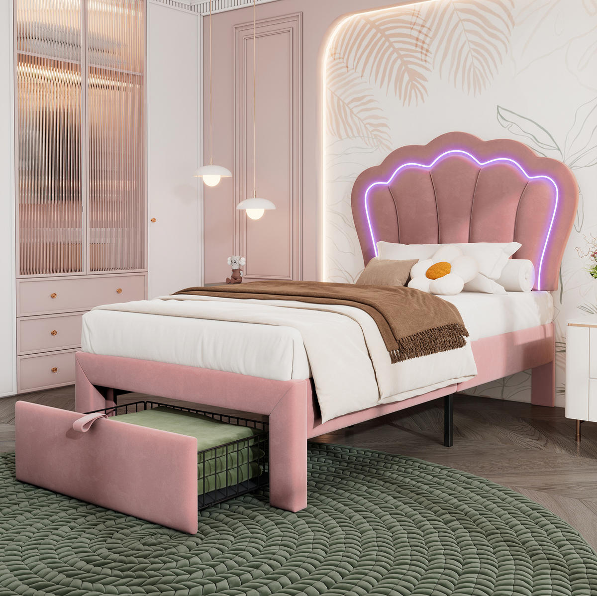 BETT mit LED und Schublade 90x200 cm Samt Rosa - Pink, Holzwerkstoff (90/200cm) - Beauniv
