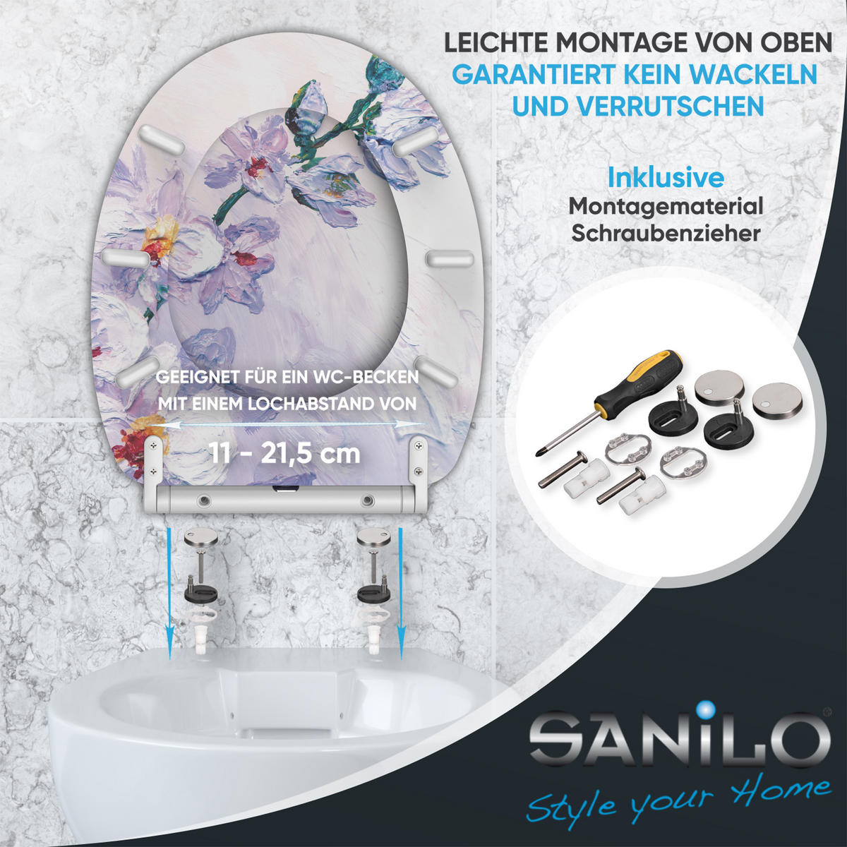 WC-SITZ mit Absenkautomatik & Top Fix Orchidee - Weiß, Holzwerkstoff (37.7/5.5/48cm) - Sanilo