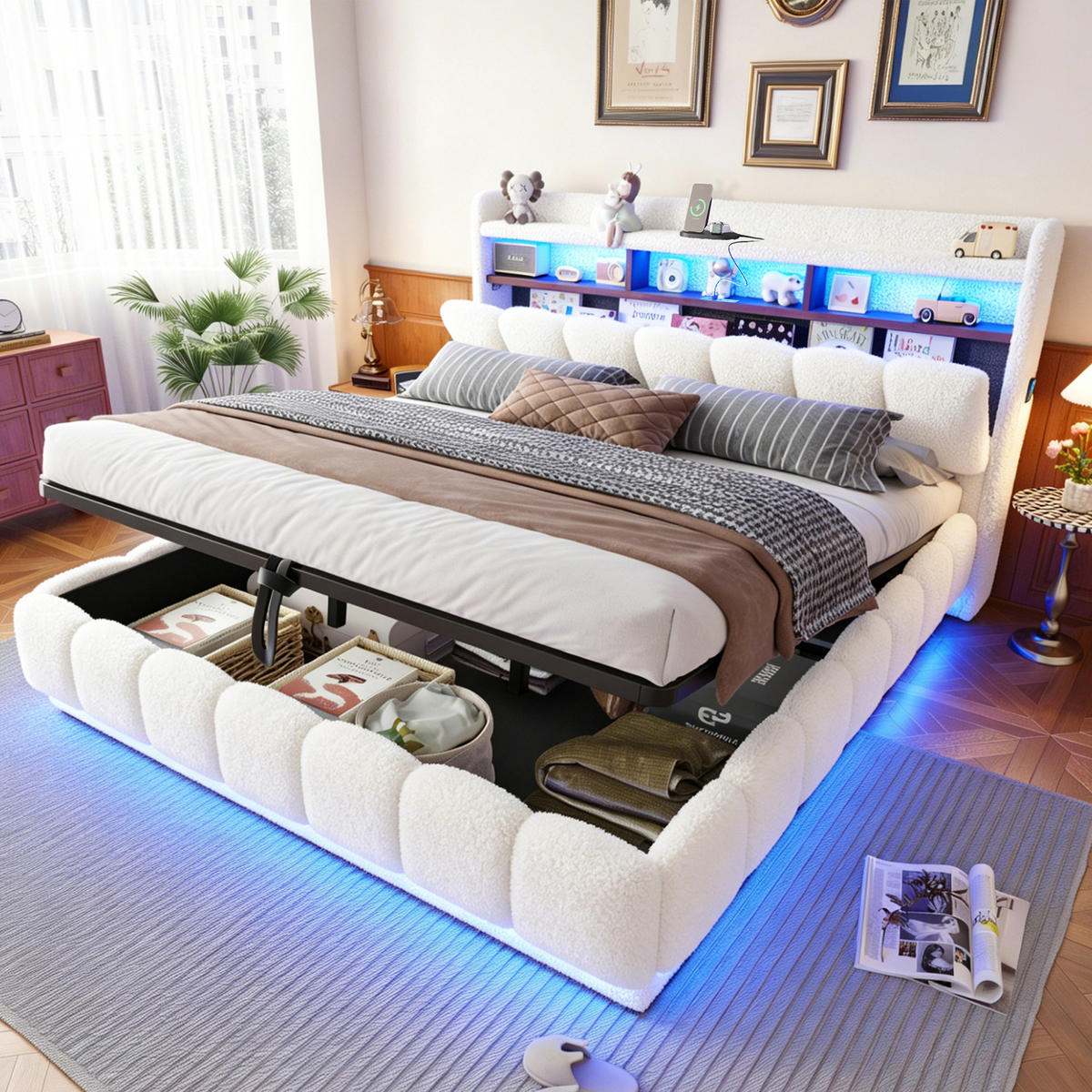 POLSTERBETT 180/200 cm in Weiß mit Bettkasten, LED, USB und Steckdose aus Boucle - Weiß, Textil/Metall (180/200cm) - STILVORA