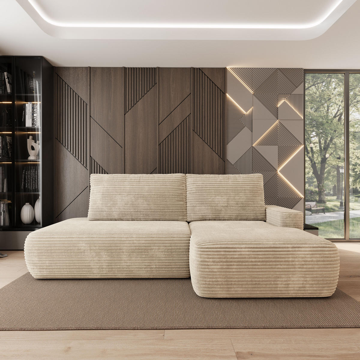 ECKSOFA AVINI T R-S Creme Kordstoff mit Schlaffunktion - Creme, Holzwerkstoff/Textil (277/160cm) - MASSENO