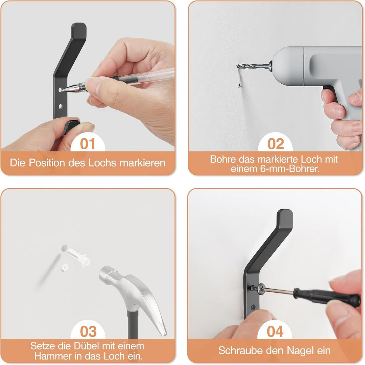 HANDTUCHHAKEN , Set mit 4 Wandhaken - Schwarz, Metall (1.3/4/9.5cm) - BELZ