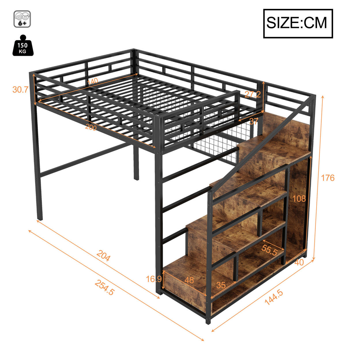 HOCHBETT 140/200 cm aus Metall in Schwarz – mit Stauraumleiter und Kleiderschrank - Schwarz, Metall (140/200cm) - BEAOK