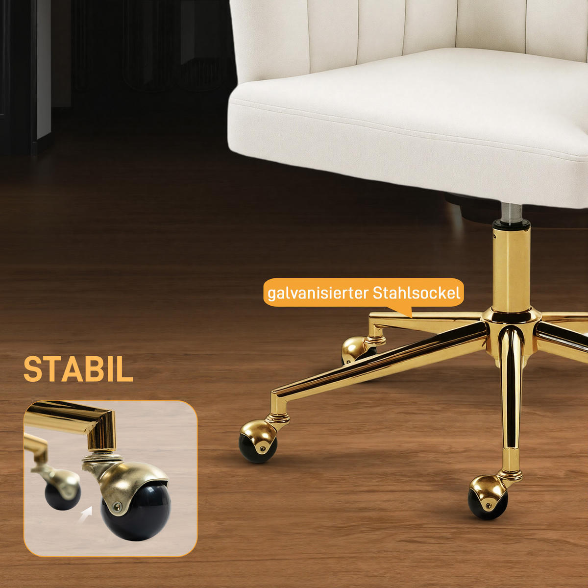 SCHREIBTISCHSTUHL, höhenverstellbarer Bürostuhl mit Samtoptik, Rollen, Drehstuhl - Goldfarben/Creme, Textil/Metall (60/92.5/61cm) - HOMCOM