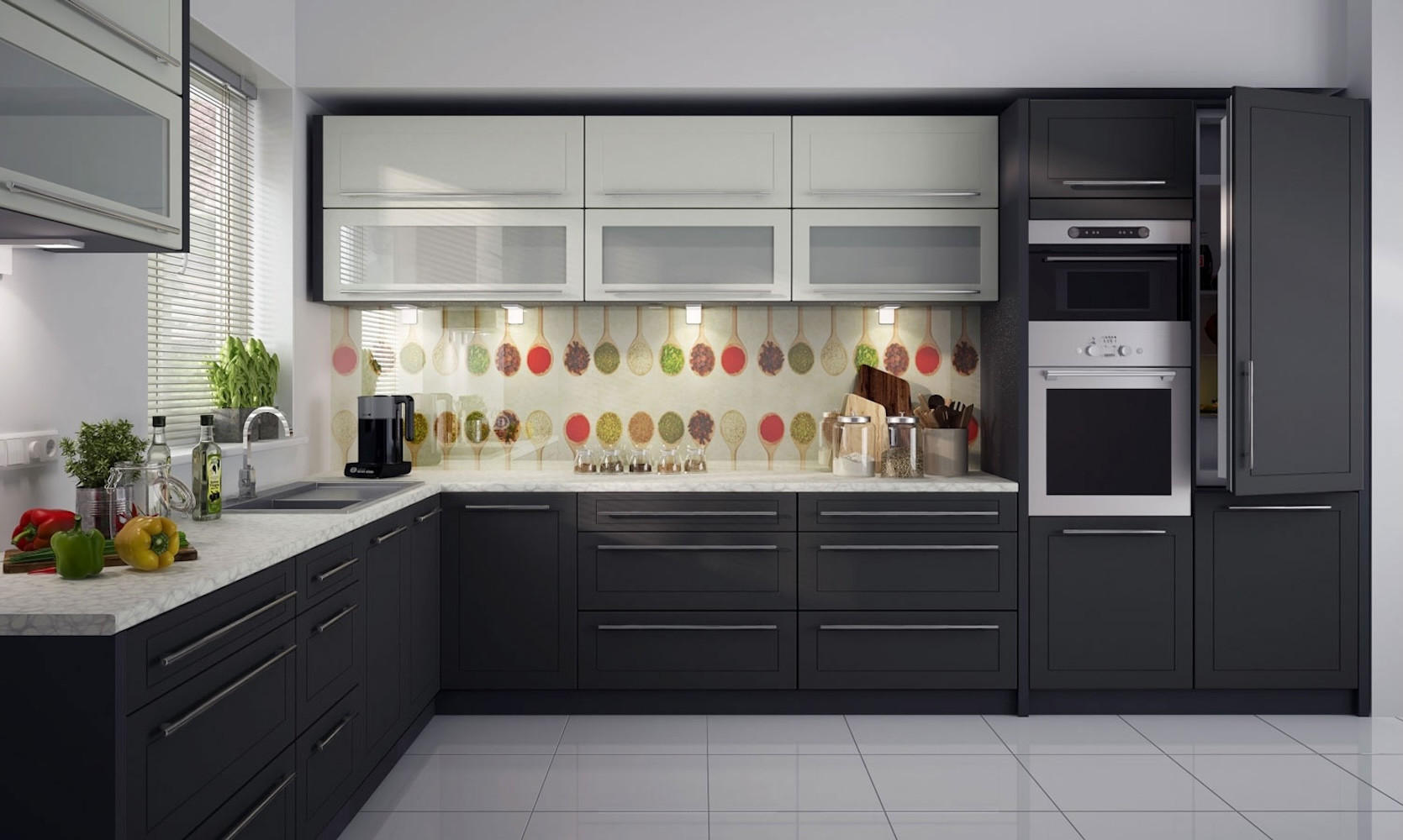 WINKELKÜCHE Kvantum lava / vanille matt & graphit matt 385 / 253 / 207cm 14-teilig - Creme/Grau, Holzwerkstoff/Metall (385/207/253cm) - Feldmann-Wohnen