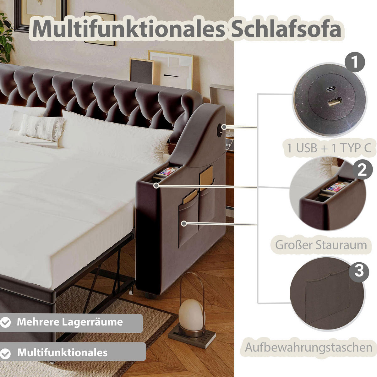 ČALÚNENÁ posteľ 90/190–180/190 cm tmavosivá rozkladacia s USB a úložnými podrúčkami zo zamatu - tmavosivá, textil (90/190cm) - OKWISH