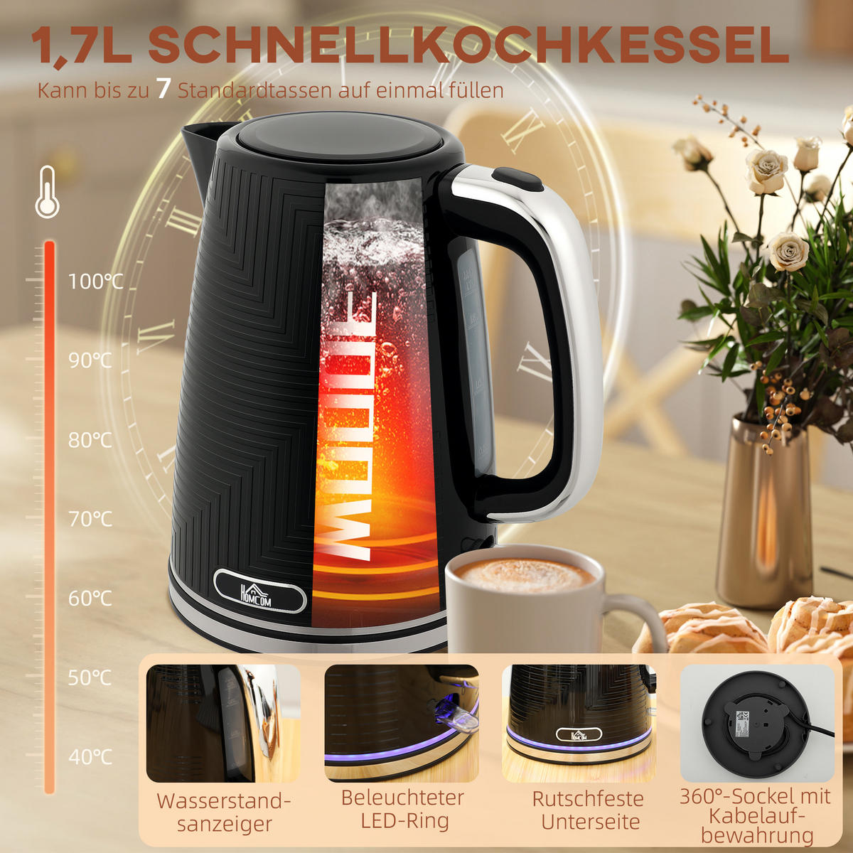 TOASTER mit Wasserkocher DE-07884 Schwarz - Schwarz, Metall (16.7/23.2/22.2cm) - ComfortXL