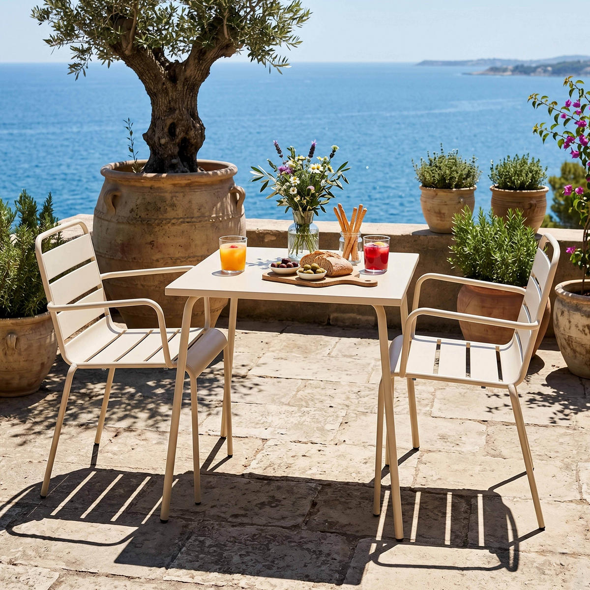 GARTENSET 3-tlg., Elfenbeinfarbe - Beige, Metall - Oviala