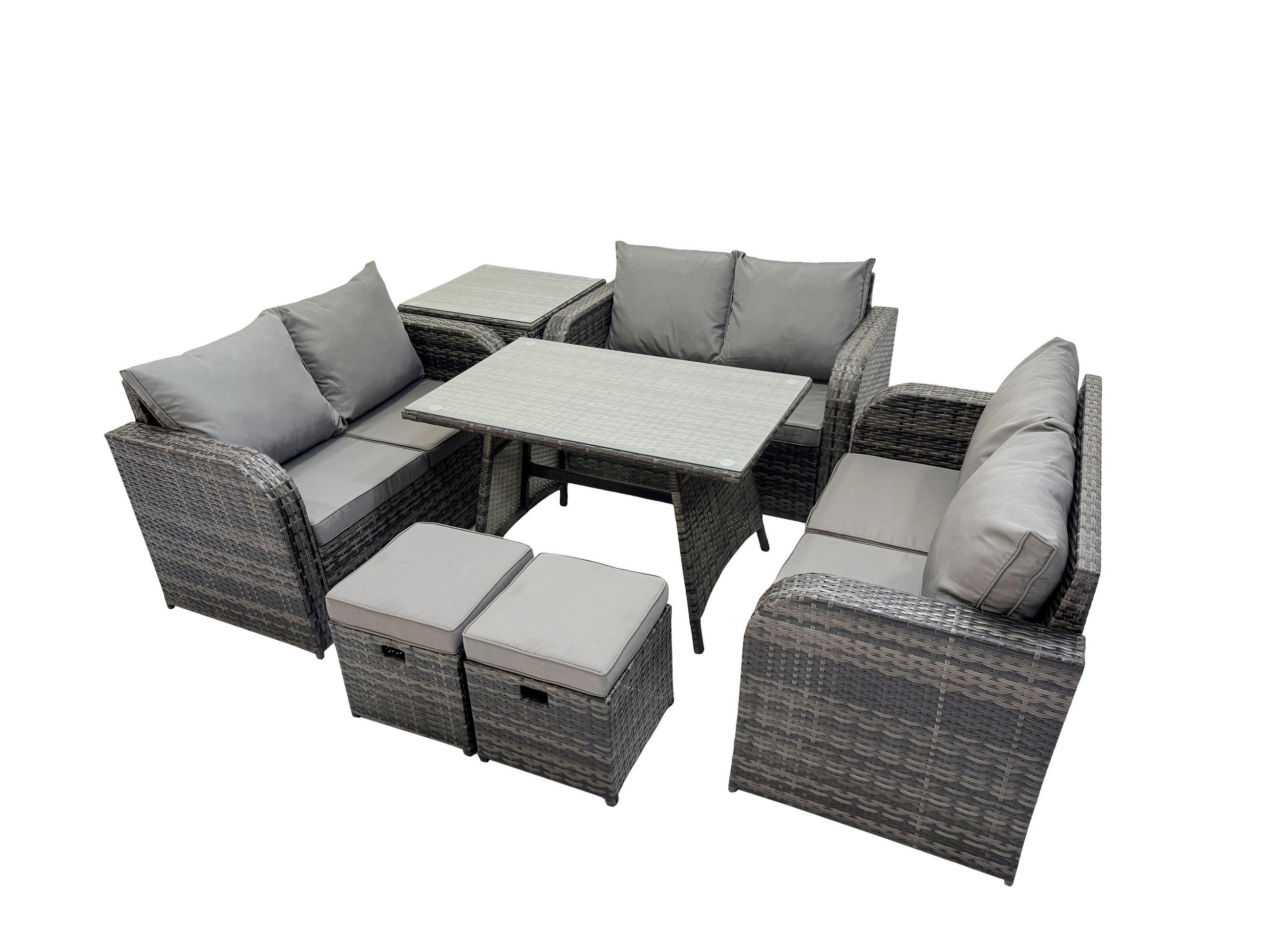 GARTENMÖBELSET mit ESSTISCH,SOFA Polyrattan 8-Sitzer - Dunkelgrau/Grau, Glas/Kunststoff - Fimous