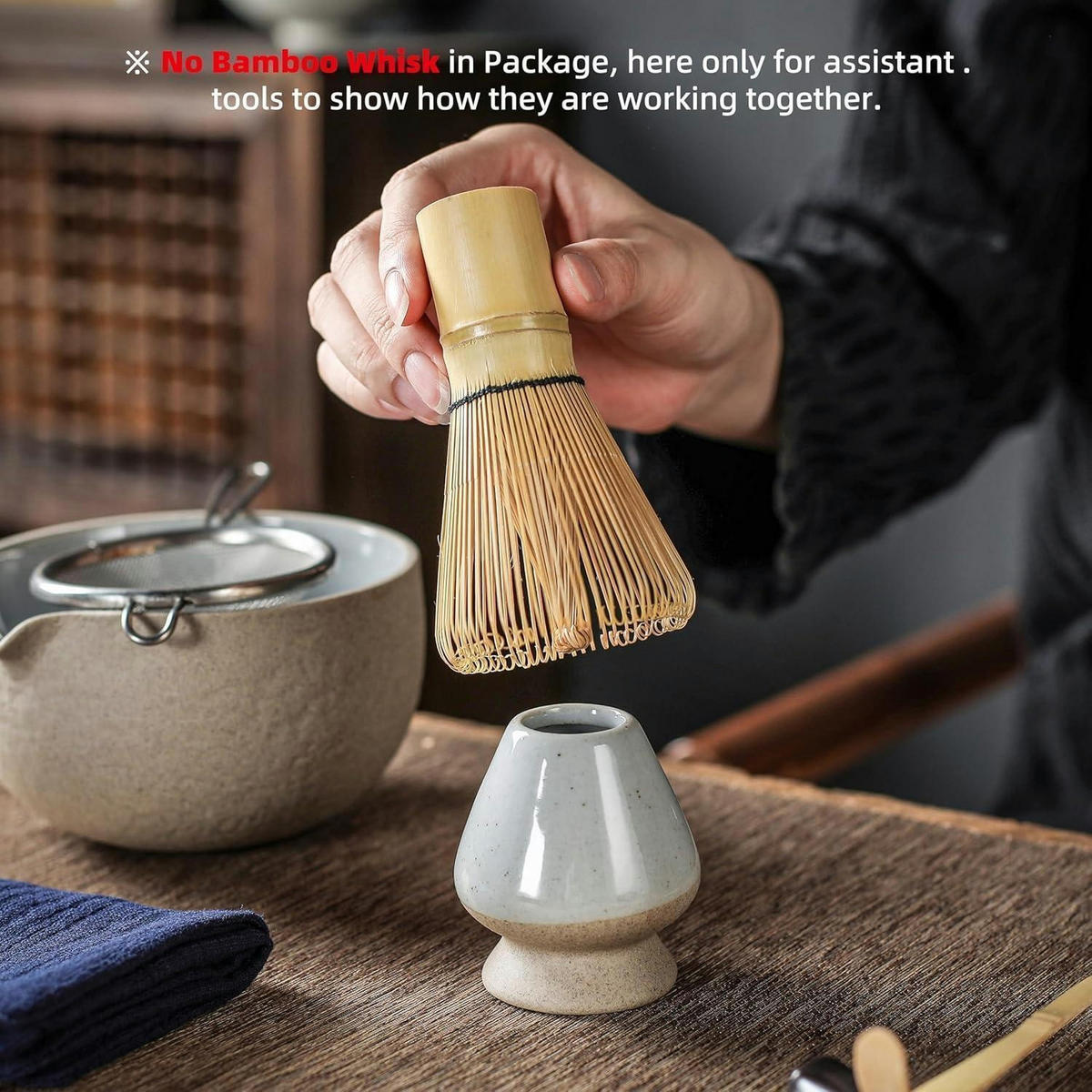 MATCHA-SCHALE mit Schneebesenhalter 2-teiliges Set Dunkelgrau 12,5 cm - Sandfarben, Keramik (14.7/6.4/14.7cm)