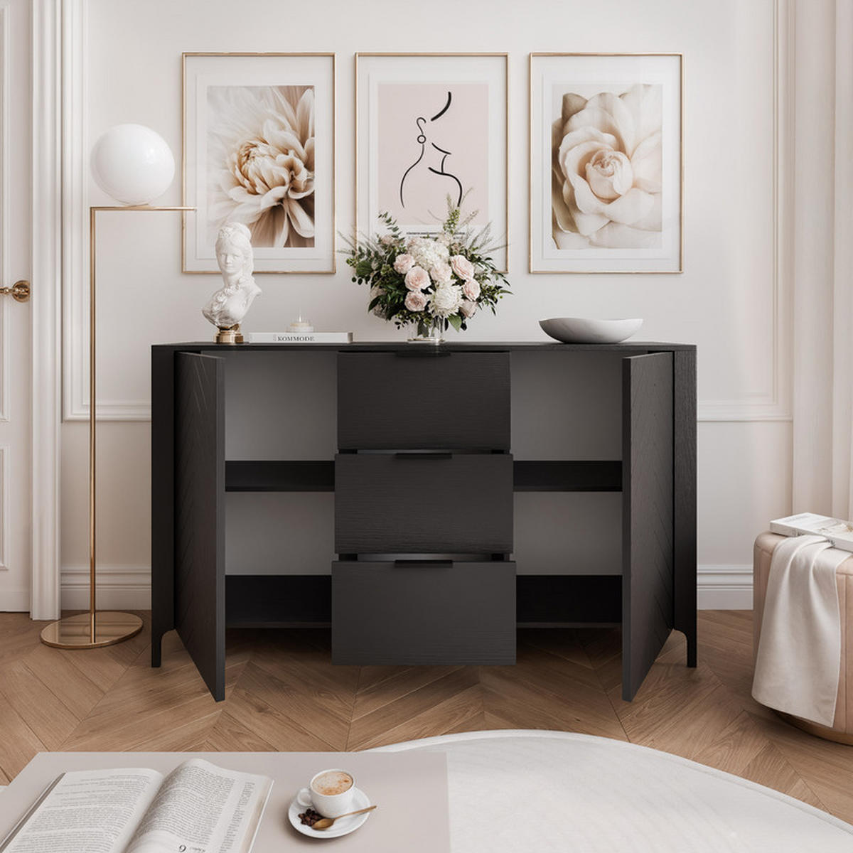 KOMMODE LORIEN 153 cm, 3 Schublade(n) Schwarz - Schwarz, Holzwerkstoff/Metall (153.1/95.1/40.6cm) - Idohome