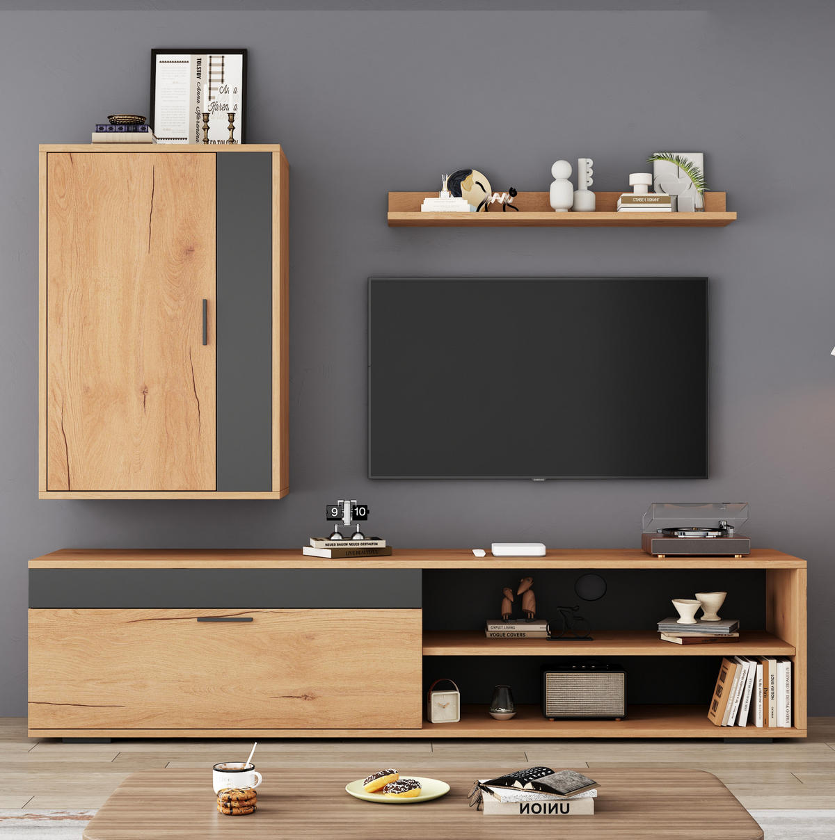 TV-WOHNWAND 3-tlg. 140 cm Eiche/Schwarz - Braun, Holzwerkstoff (35/39/140cm) - Beauniv