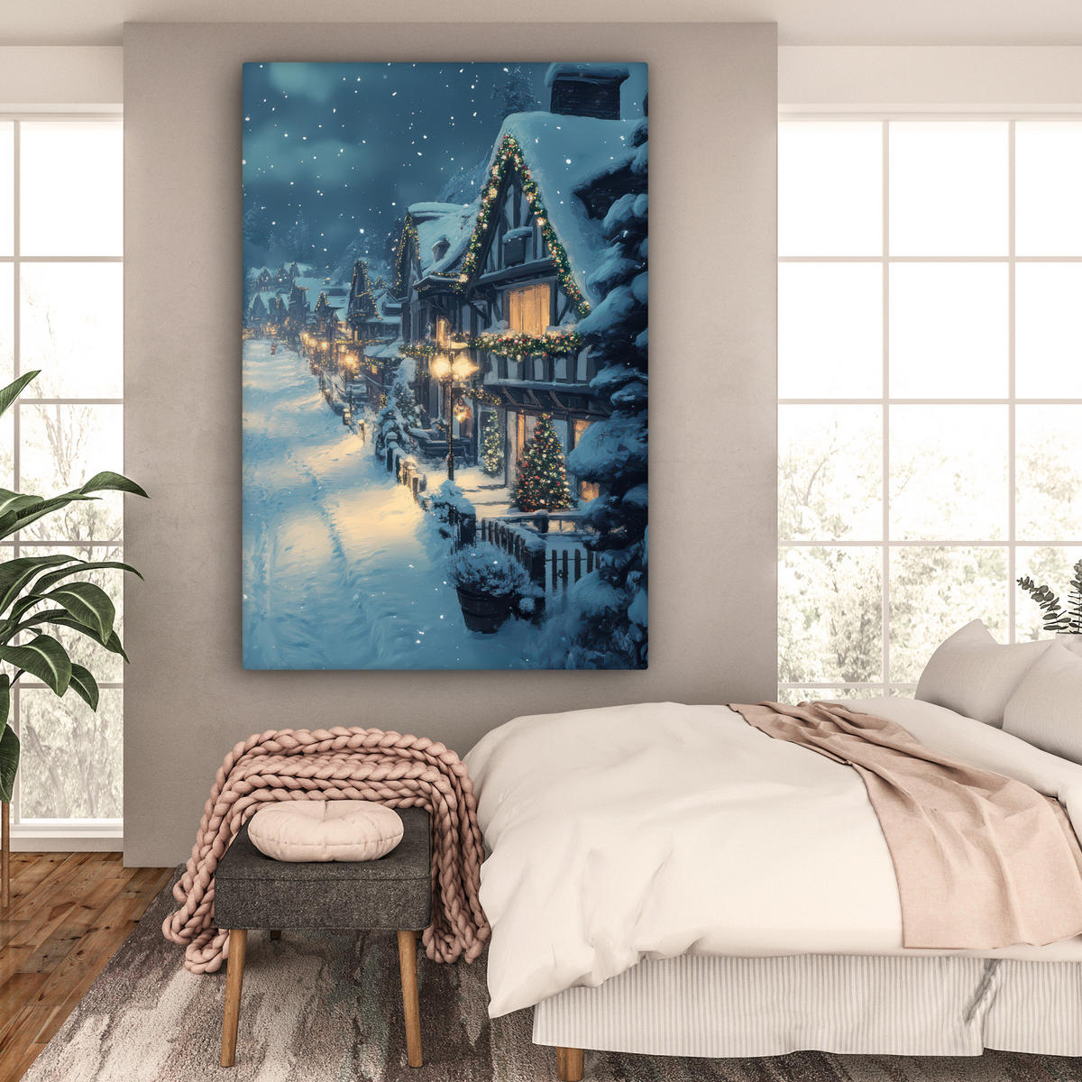 LEINWANDBILD Weihnachtsdorf - Weihnachten - Schnee - Winter 90x140 cm - Dunkelblau, Textil (90/140cm) - MuchoWow