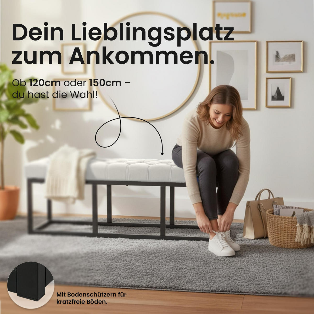 SITZBANK 120/37 cm Samt Creme - Creme/Schwarz, Textil/Metall (120/42/37cm) - CLP