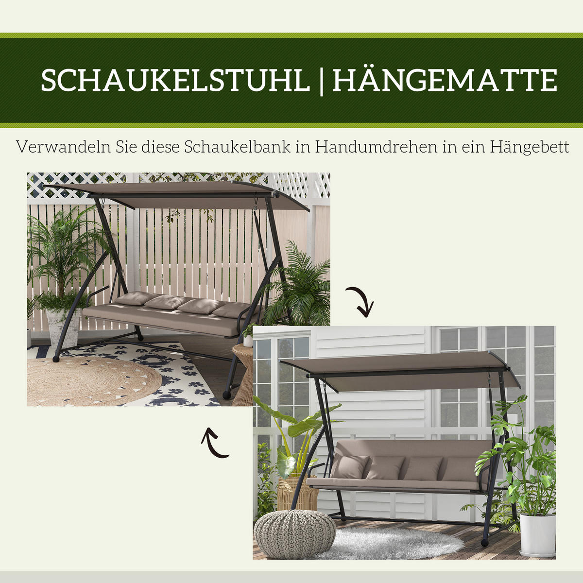 HOLLYWOODSCHAUKEL 2 in 1 mit Liegefunktion - Braun, Metall (120/168/218cm) - Outsunny