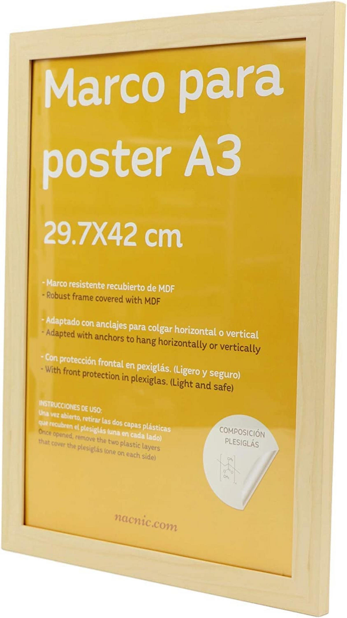 RAHMEN Set mit 3 aus MDF und Acrylglas Schutz und Aussteller für Fotografien, Bilder, Poster, Gemälde, Dekoration für Haus Farbe Hellholz A3 - Beige, Holz (29.7/3/42cm) - Nacnic