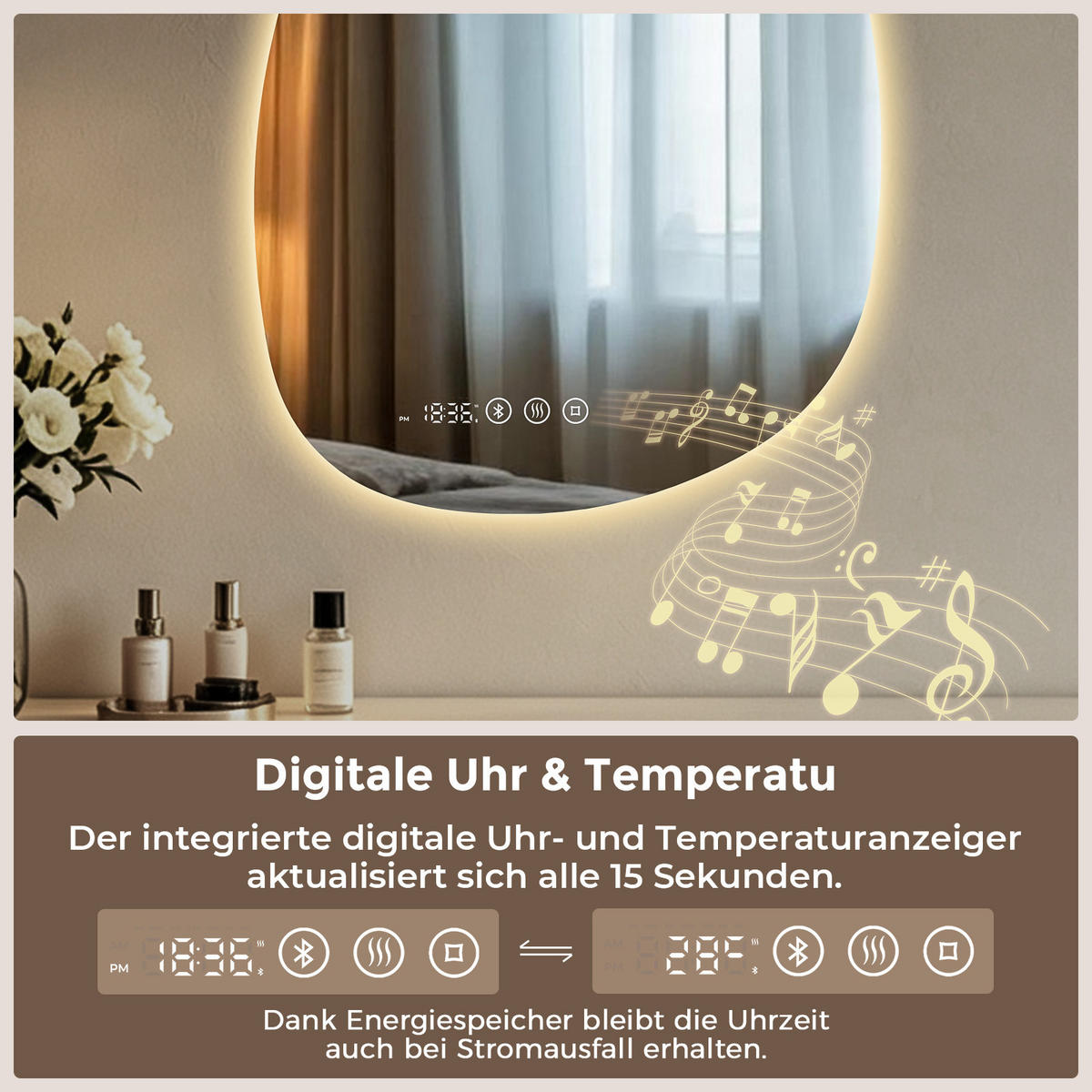 BADSPIEGEL MIT BELEUCHTUNG 85/50 cm asymmetrisch Bluetooth LED mit Antibeschlag - Transparent, Glas (85/50/3cm) - S'AFIELINA