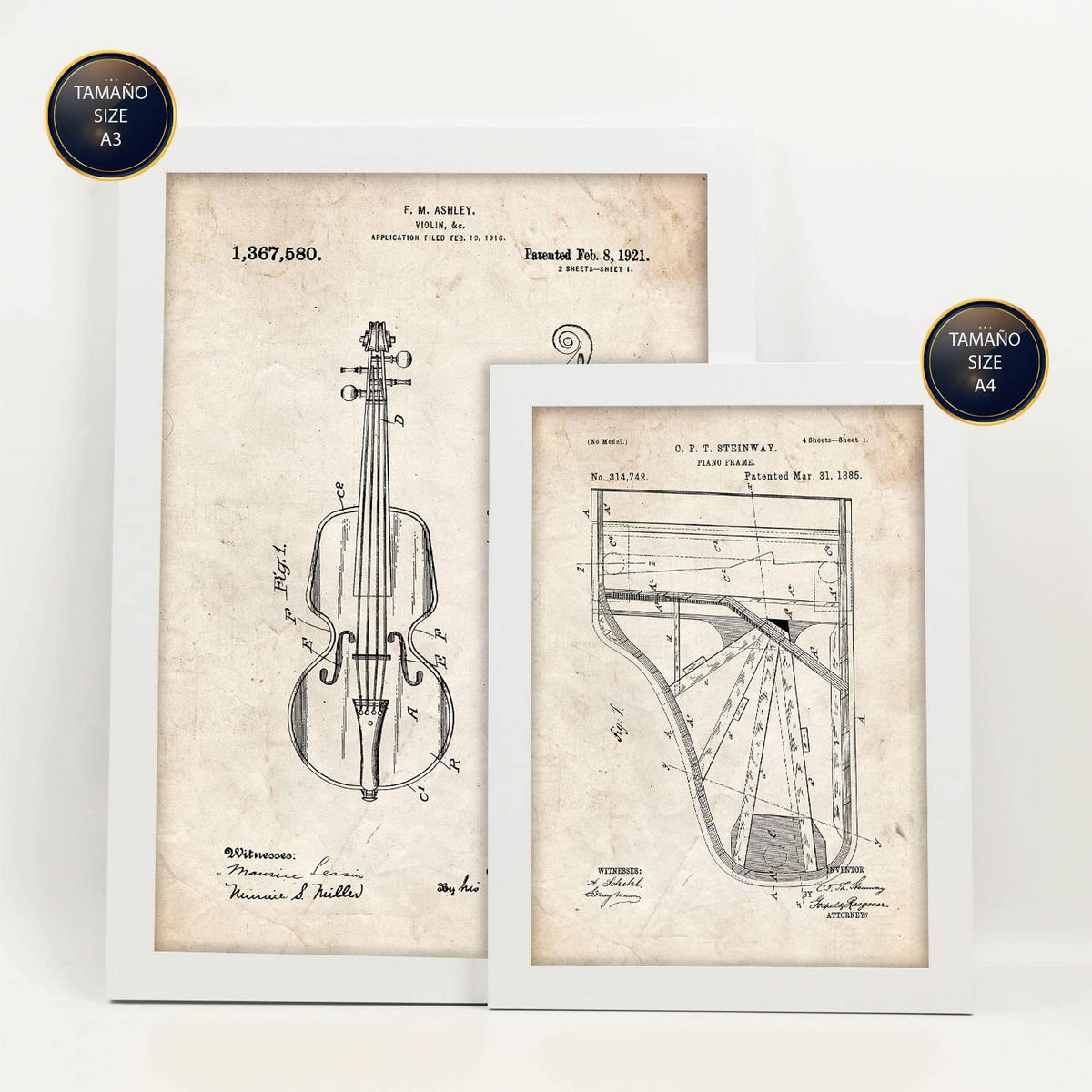 POSTER Set Mit 6 Plakaten Mit Saiteninstrument Patenten Im Vintage Stil A3 & A4 Weißer Rahmen - Weiß, Papier (29/3cm) - Nacnic