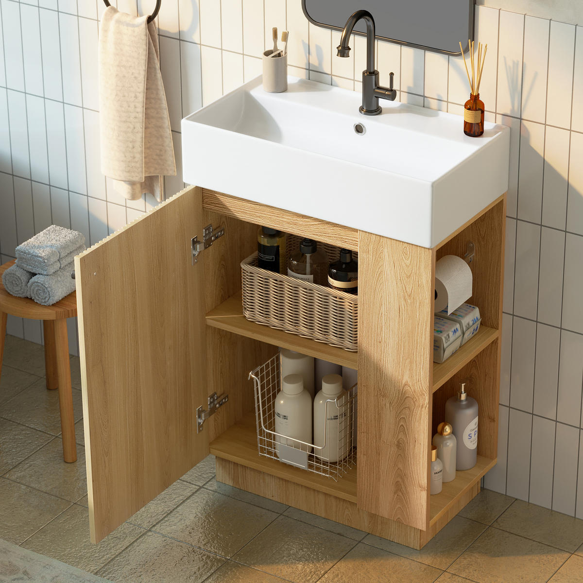 BADEZIMMERSCHRANK Waschbeckenunterschrank Rillenoptik Keramik 55cm - Naturfarben, Keramik (55/87/32cm) - FLIEKS