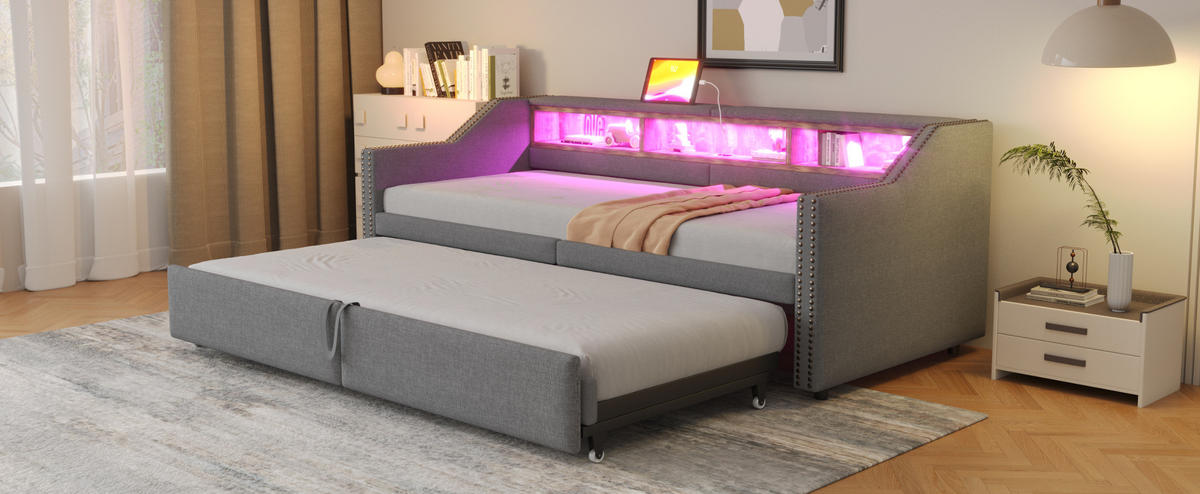 POLSTERBETT 90/180/200 cm hellgrau aus Leinen mit USB und LED - Hellgrau, Textil (90/200cm) - OKMYHOME
