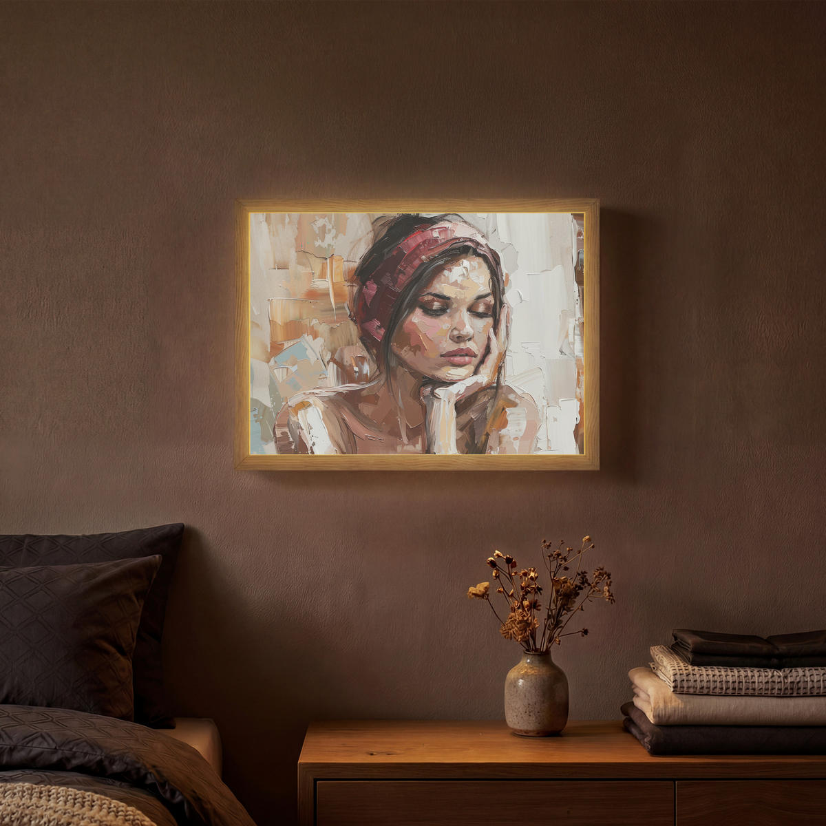 NÁSTĚNNÁ LAMPA S AKUMULÁTOREM Žena - vzhled malby - portrét - moderní 40x30 cm - hnědá, kompozitní dřevo (40/30/8cm) - OnlyWow