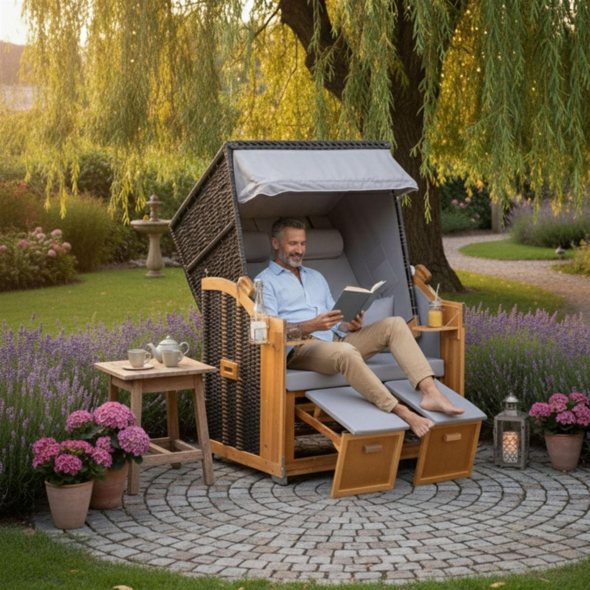 STRANDKORB Ostsee 2-Sitzer PE schwarz - Braun/Grau, Metall (120/160/80cm) - Mr. Deko