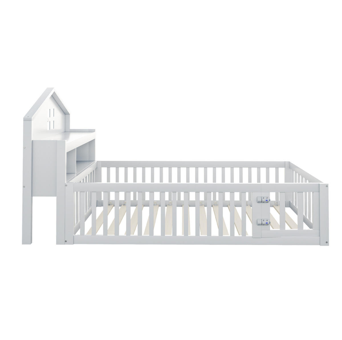 KINDERBETT 90/200 cm mit Hausrahmen, Kreidetafel, Stauraum, Schutzgitter und Tür, Weiß - Weiß, Holzwerkstoff (90/200cm) - Redom