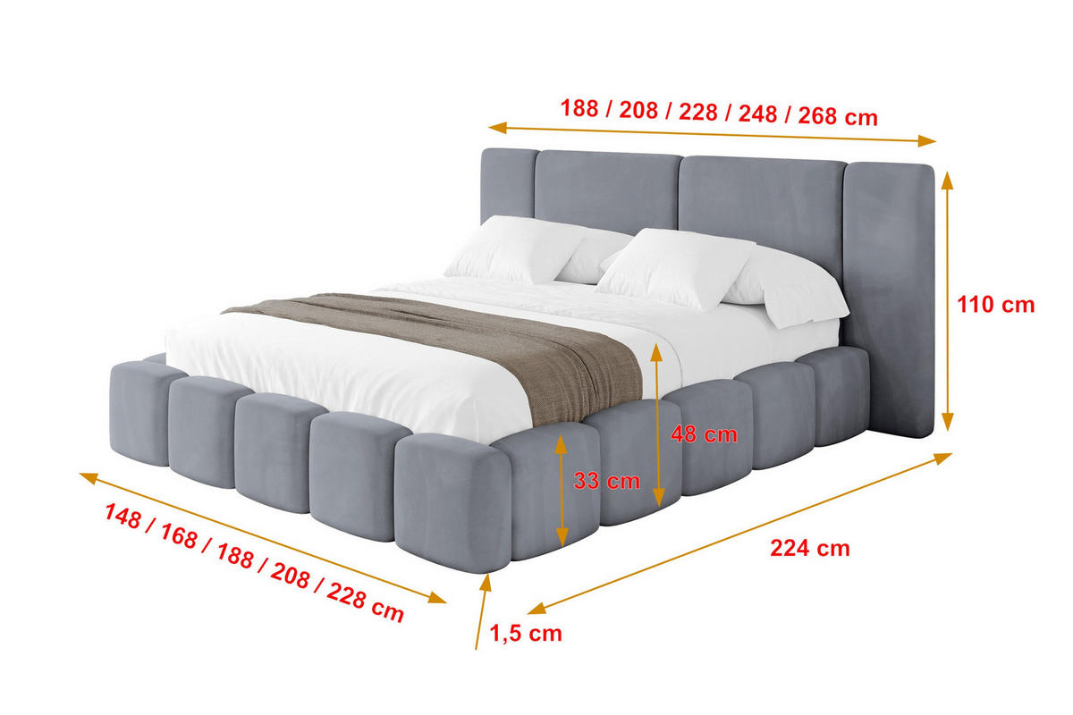 POLSTERBETT mit Bettkasten und Lattenrost, Bett mit Matratze H3/H4 - NILO 140x200 Grau - Grau, Holzwerkstoff/Textil (140/200cm) - ALTDECOR