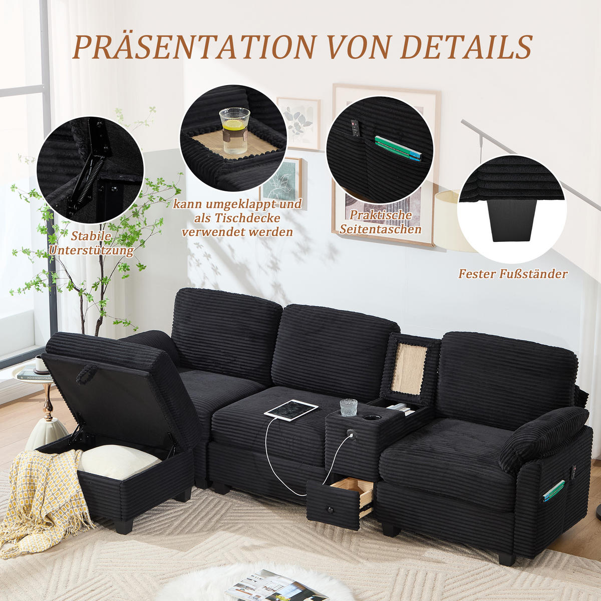 ECKSOFA L-Form mit verstellbarer Mittelkonsole und Stauraumhocker Cord schwarz 266/136/82 cm - Schwarz, Textil (266/136cm) - OKWISH