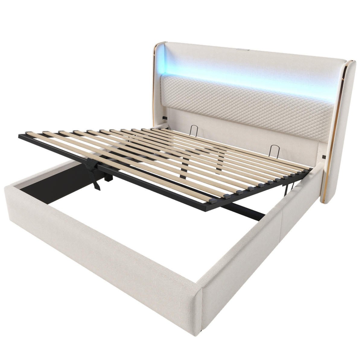 ČALOUNĚNÁ postel 140x200 cm béžová z lnu s LED osvětlením, USB/Type-C a úložným prostorem - béžová, textil (140/200cm) - OKWISH