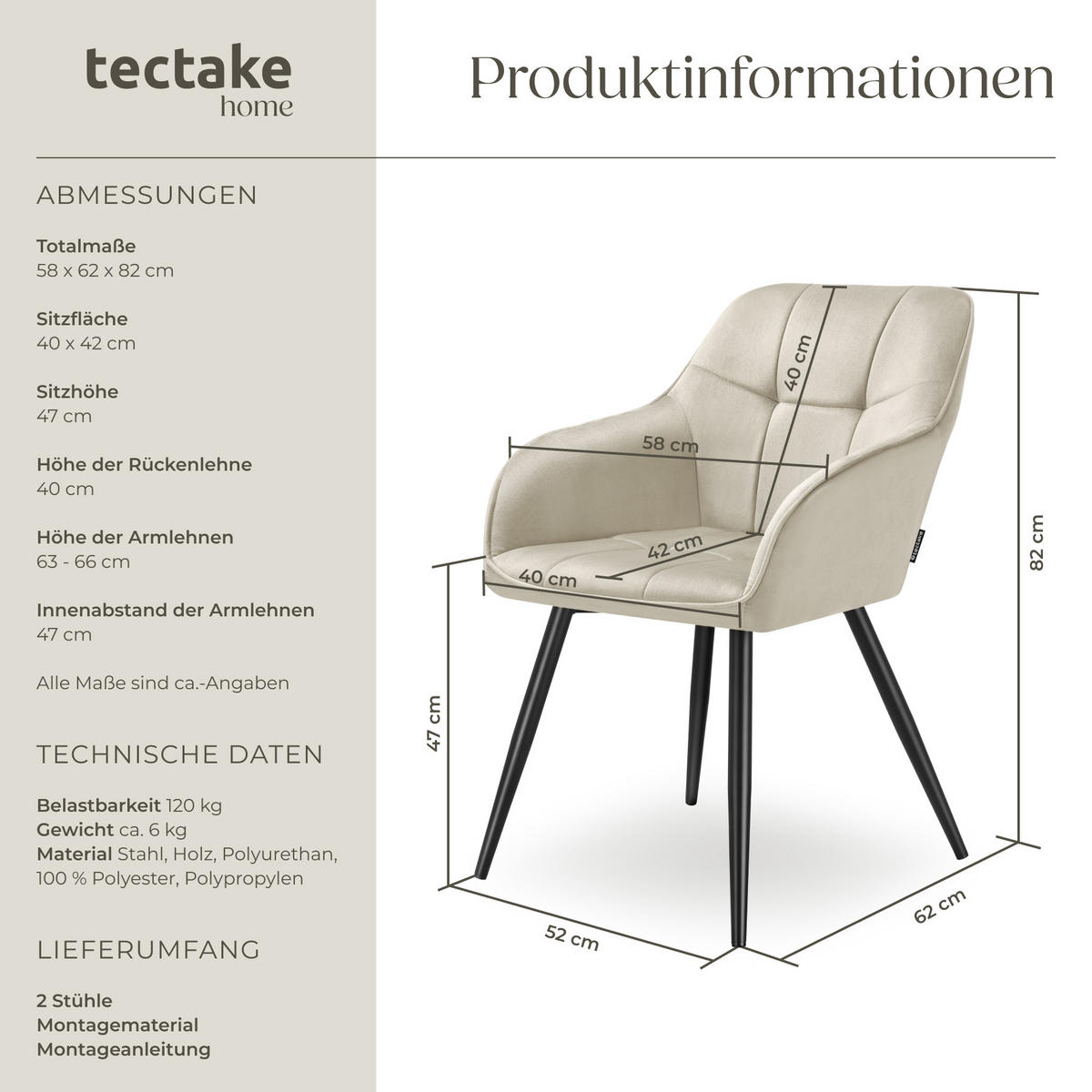 ESSZIMMERSTUHL 2er Set Marilyn 58 x 62 x 82 cm creme/schwarz - Creme/Schwarz, Kunststoff (58/82/62cm) - tectake