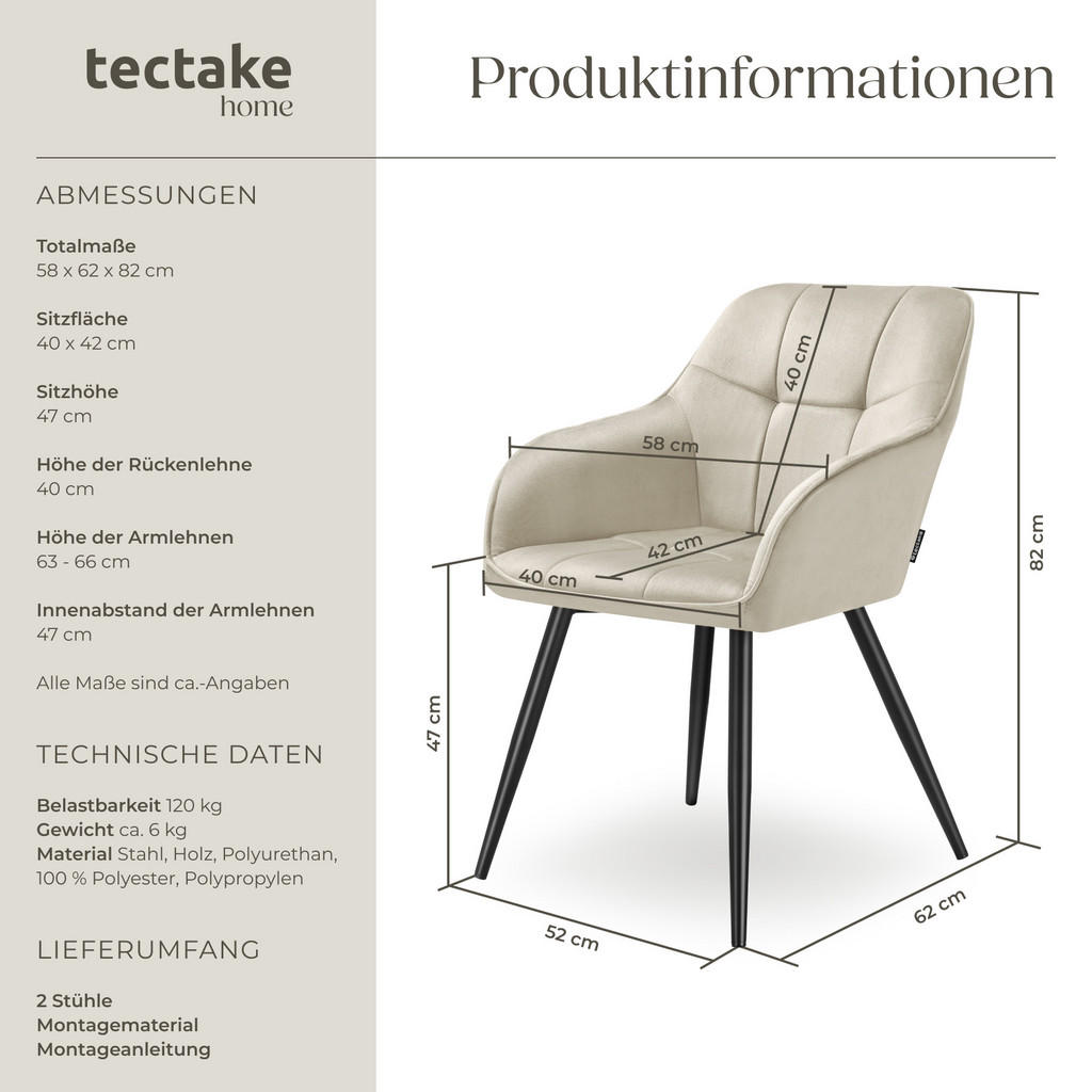Thumbnail - tectake Esszimmerstuhl, Creme, Schwarz, Kunststoff, Pappel, 58x82x62 cm, Esszimmer, Stühle, Esszimmerstühle, Armlehnenst...