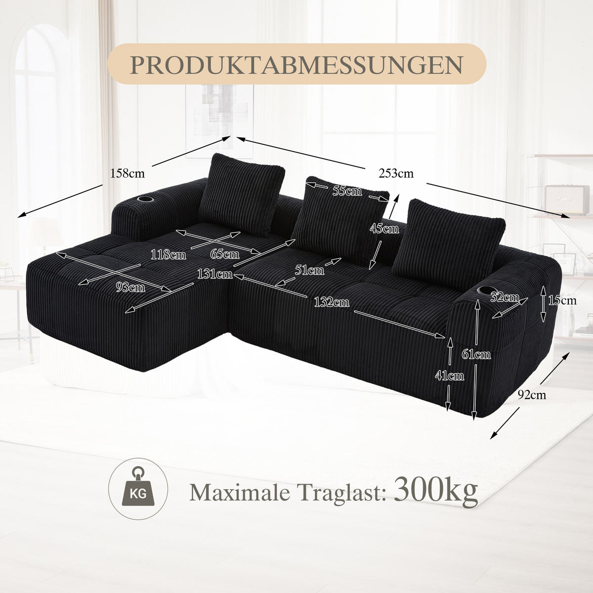 ECKSOFA 3-Sitzer mit Getränkehalter, Seitentaschen & 3 Kissen - Schwarz, Textil (253/158cm) - Urban Meuble