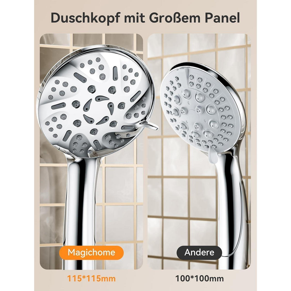 DUSCHKOPF mit Schlauch 9 Strahlarten Hochdruck Chrom - Silberfarben, Kunststoff (12/12.7/25cm)
