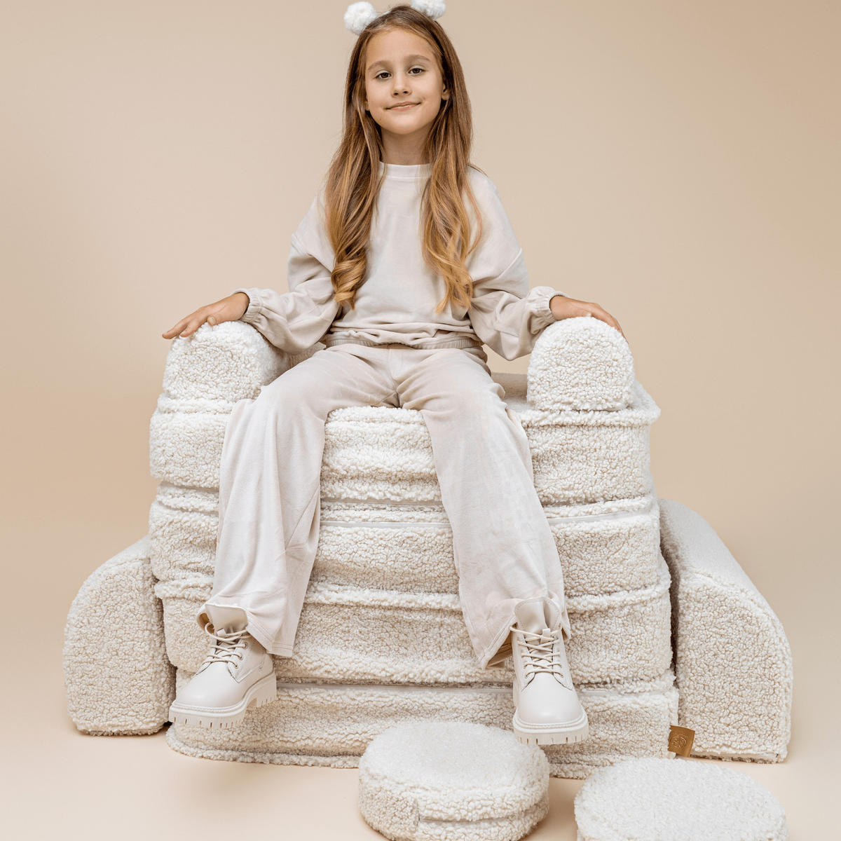KINDERSOFA Pocket Max modular 12-tlg. aus Teddystoff in Creme - Creme, Textil (120/25/60cm) - MeowBaby