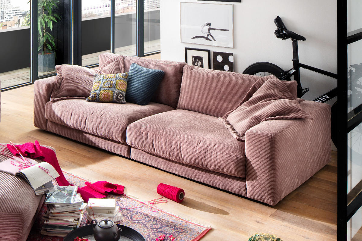 SOFA 3-SITZER MADELINE Pink Cord - Pink/Schwarz, Textil (290/85/127cm) - KAWOLA