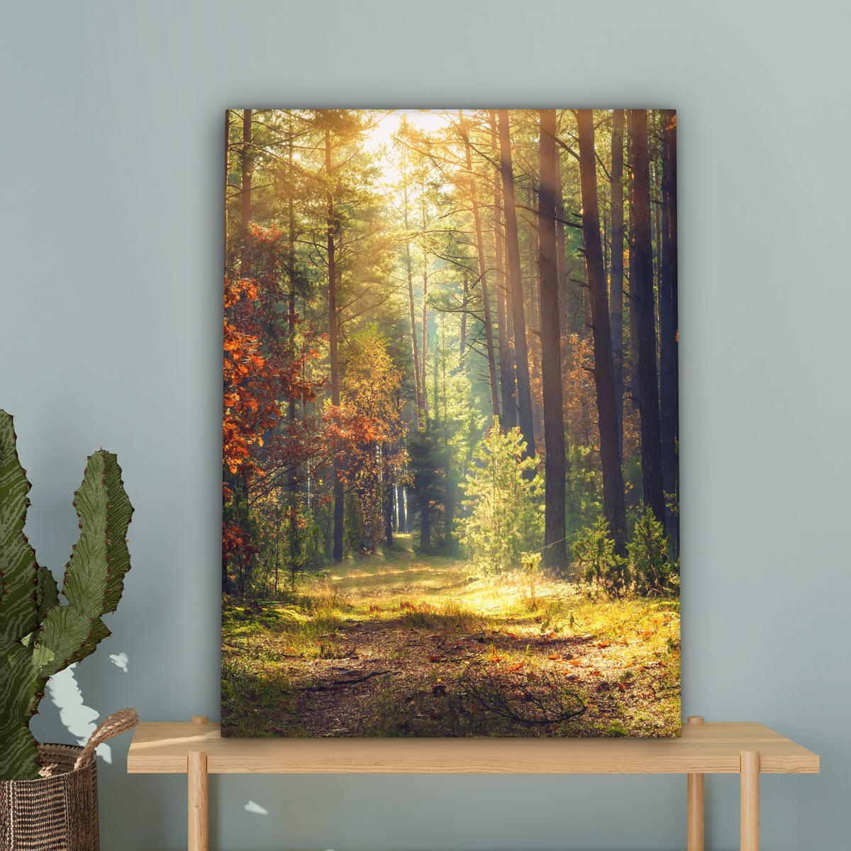 LEINWANDBILD Wald - Herbst - Bäume Wandbild Wohnzimmer 60x80 cm - Dunkelgrün, Textil (60/80cm) - MuchoWow