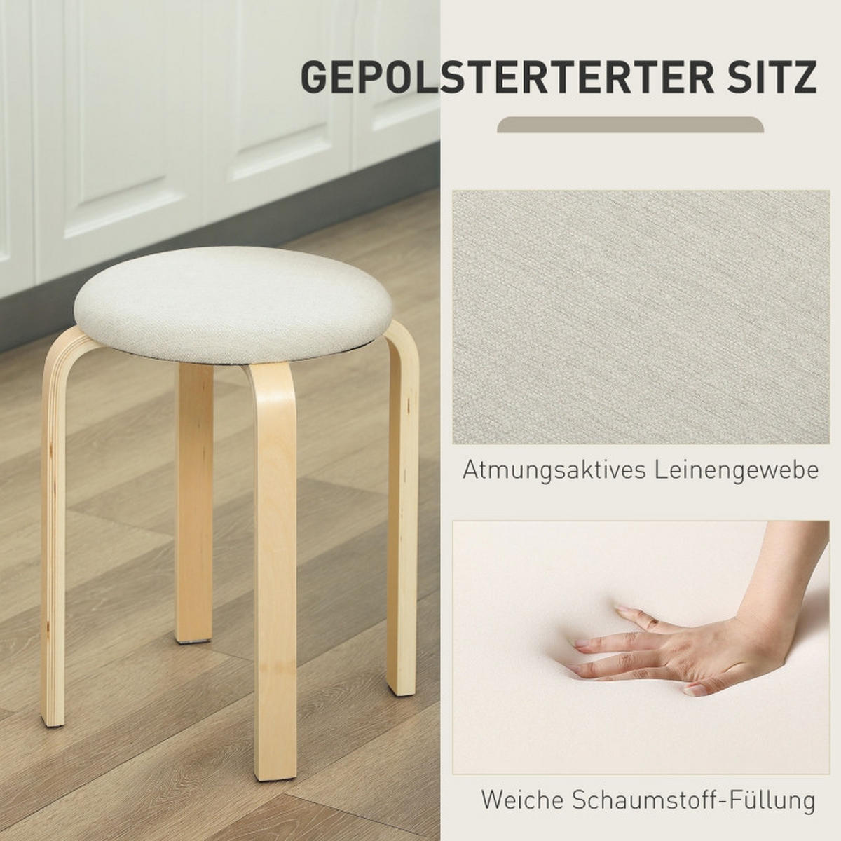 STAPELHOCKER DE-36023 4er Set stapelbar mit Leinenbezug Creme - Creme, Holzwerkstoff (40/45/40cm) - ComfortXL