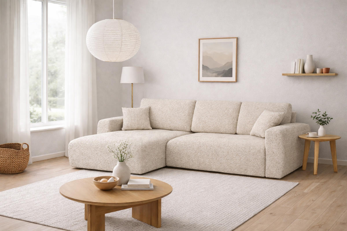 ECKSOFA Mit Schlaffunktion Und Bettkasten L-Form Ivo XL, Chenille-Stoff Artico, Nata, Links - Creme, Holz (280/142cm) - Kaiser Möbel