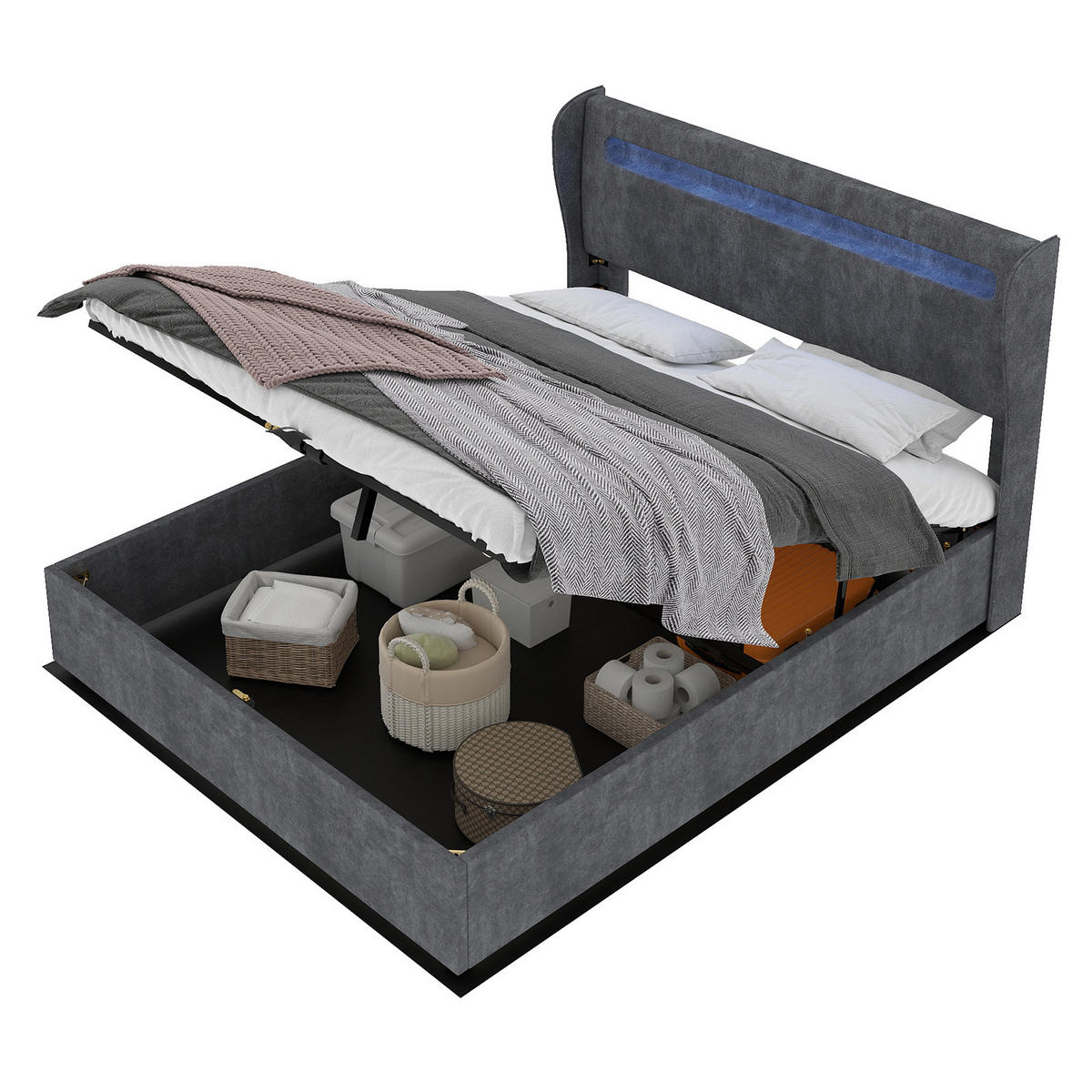 POLSTERBETT 160x200 cm LED Stauraum grau - Grau, Textil (160/200cm) - LEBENLANG