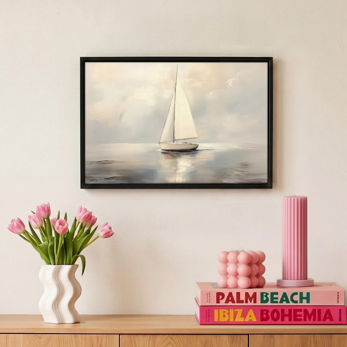 LEINWAND Bilder mit Rahmen - Segelschiff - Meer - Bewölkt - 30x20 - Creme, Textil (30/20cm) - MuchoWow