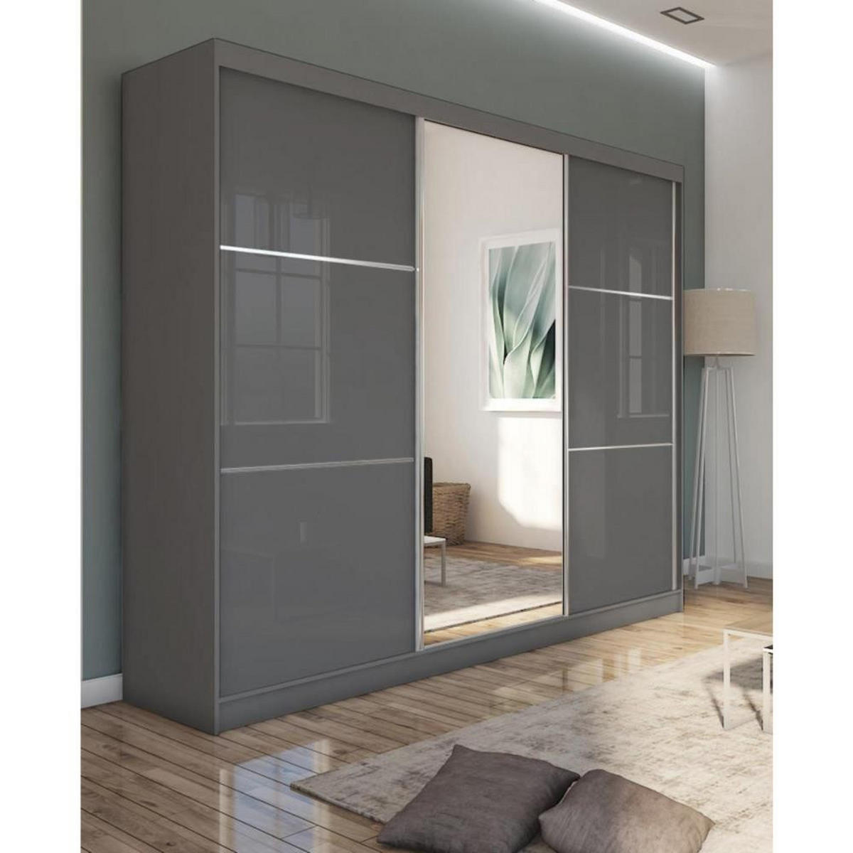 SCHWEBETÜRENSCHRANK Viva 240/216/61 graphit mit Spiegel und Schubladen - Graphitfarben, Holzwerkstoff (240/216/61cm) - Beautysofa