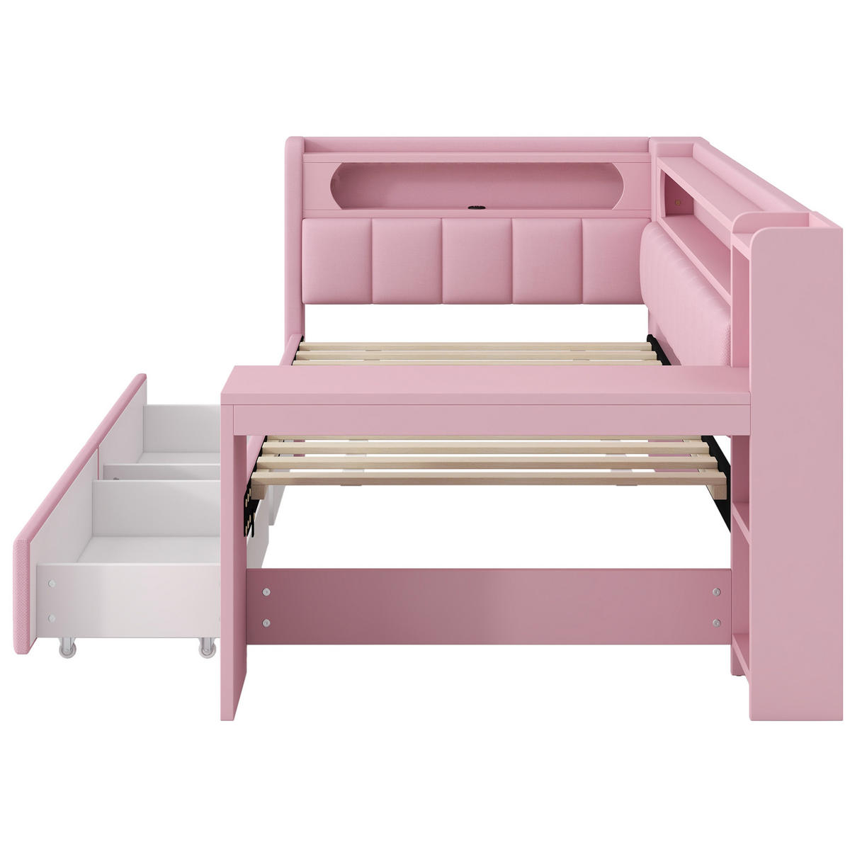 POLSTERBETT 90/200 cm Rosa mit USB-Anschlüssen, LED-Beleuchtung und Schreibtisch - Rosa, Textil (90/200cm) - Flora Grace