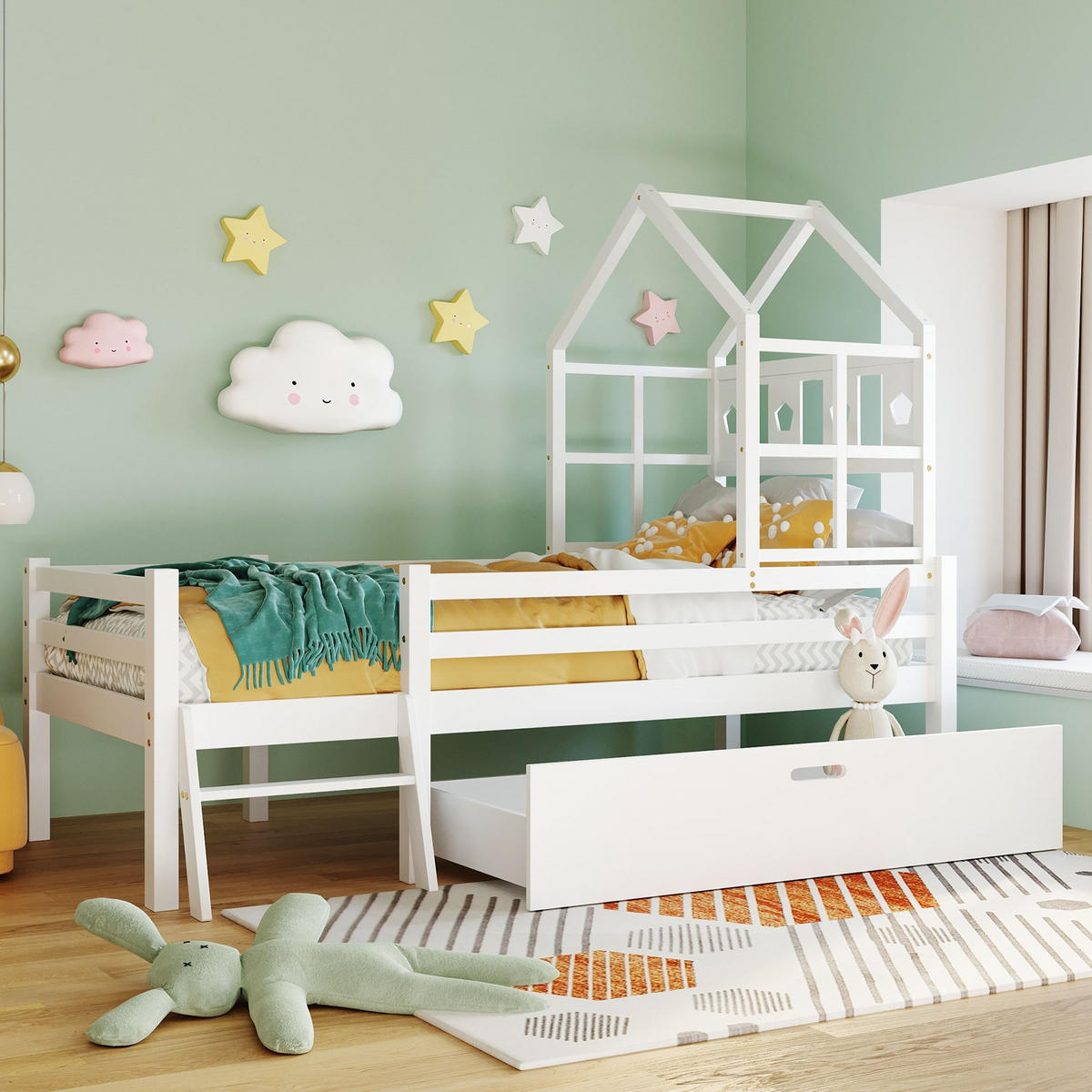 KINDEREINZELBETTEN aus Massivholz 90x200 cm in Weiß mit Leiter, Schublade & Rausfallschutz - Weiß, Holz (90/200cm) - Modfu