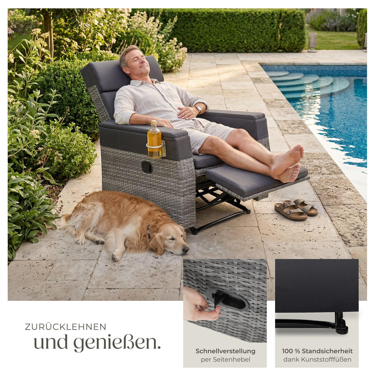RATTANSESSEL aus Aluminium Pacentro, Belastbarkeit 150 kg, 80 x 80 - 157 x 80 - 97 cm, grau - Grau, Kunststoff (157/97/80cm) - tectake
